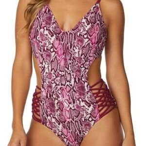 BEBE Monokini Swimsuit Size Small Pink Snakeskin Print Cutout Strappy One Piece